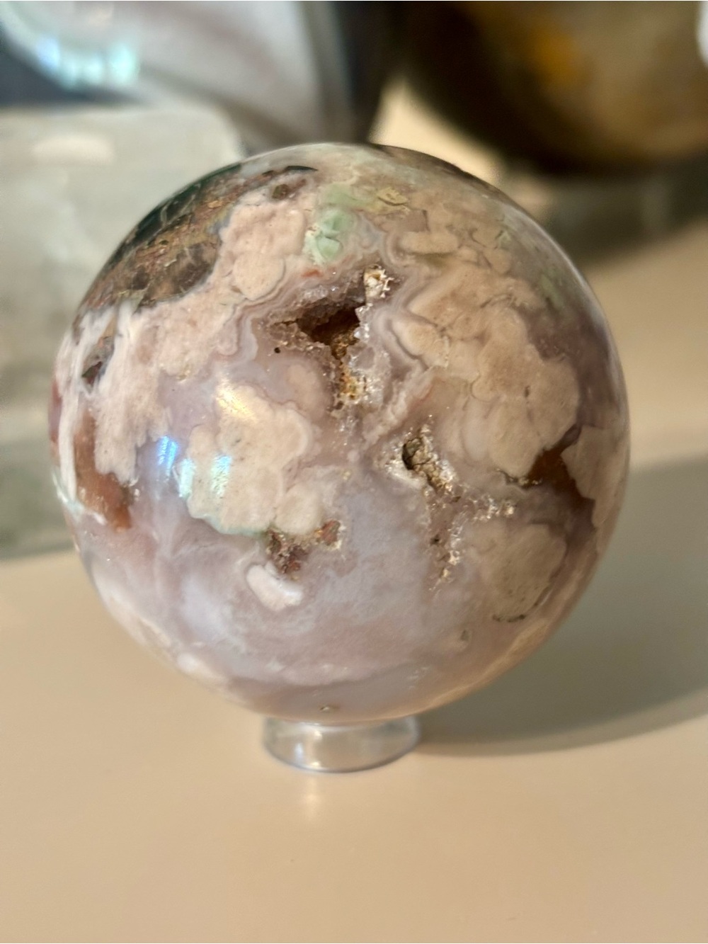 🌸 New Flower Agate (Cherry Blossom) Crystal Sphere | Druzy Pockets | w stand